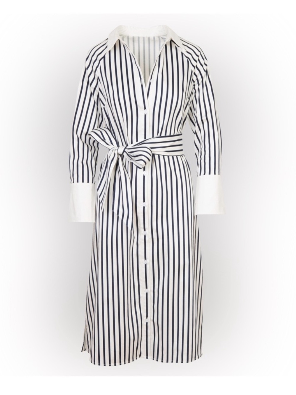 Striped Tie-Waist Shirt Robe - White & Black - Picture 2 of 11